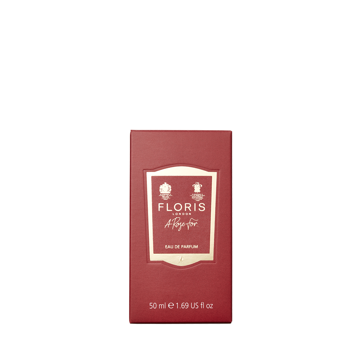 Red box with gold detailing featuring "Floris London A Rose For... - Eau de Parfum," 50 ml—a signature scent and unique gift on a plain background.