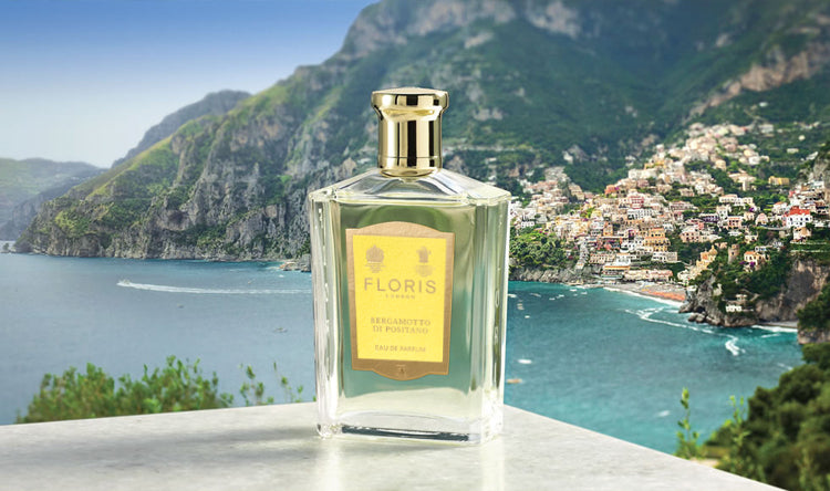 Mediterranean background with Bergamotto di Positano Eau de Parfum at the forefront