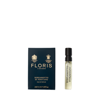 Floris London's Bergamotto di Positano Eau de Parfum 2ml, featuring orange blossom and bergamot, displayed in a box and vial on a white background.