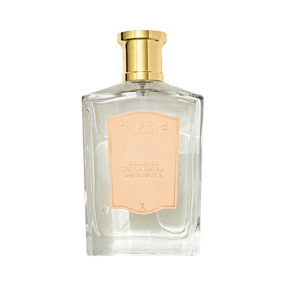 Clear glass perfume bottle by Floris London, gold cap, pink "Bouquet de La Reine" label; offers a fruity floral effervescence.