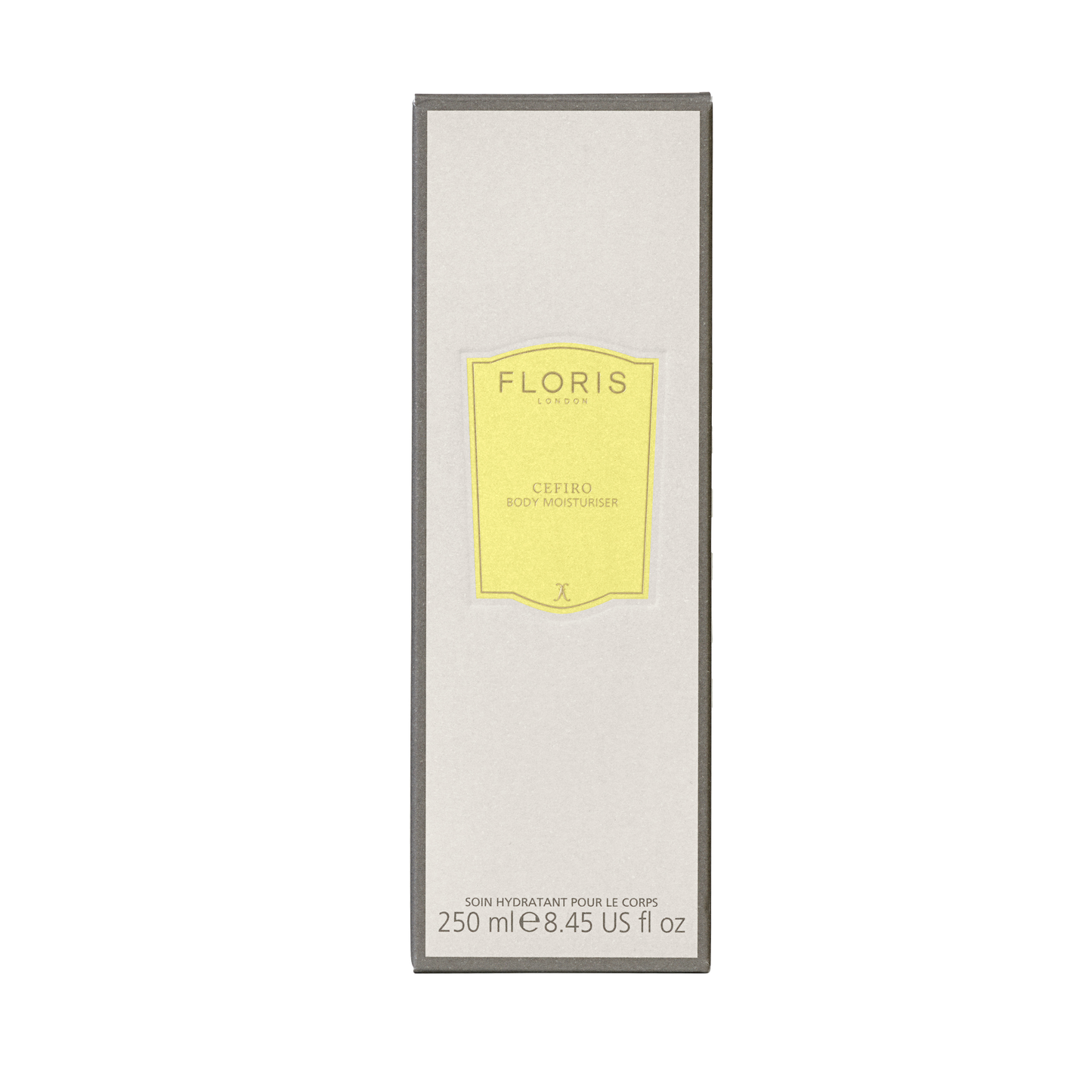 A rectangular box of Floris London Cefiro - Enriched Body Moisturiser, 250ml, with a simple beige and yellow label on the front.
