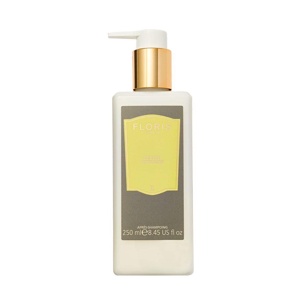 A 250ml Floris London UK Cefiro - Conditioner with gold pump, yellow label, and a nourishing formula infused with signature Cefiro fragrance.
