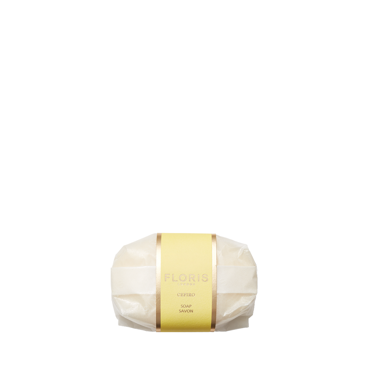 A 50g bar of Floris London Cefiro Luxury Soap with a yellow label, wrapped and centered on a white background.