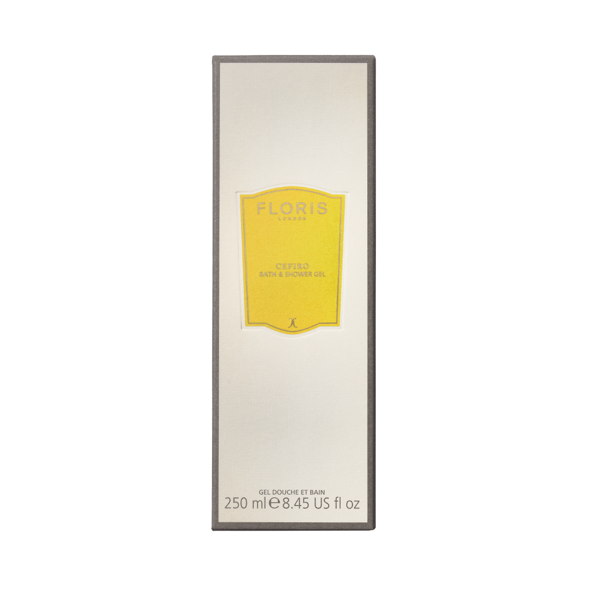 Floris London's Cefiro Bath & Shower Gel, 250ml with a citrus scent, is packaged in a rectangular box featuring a yellow label.