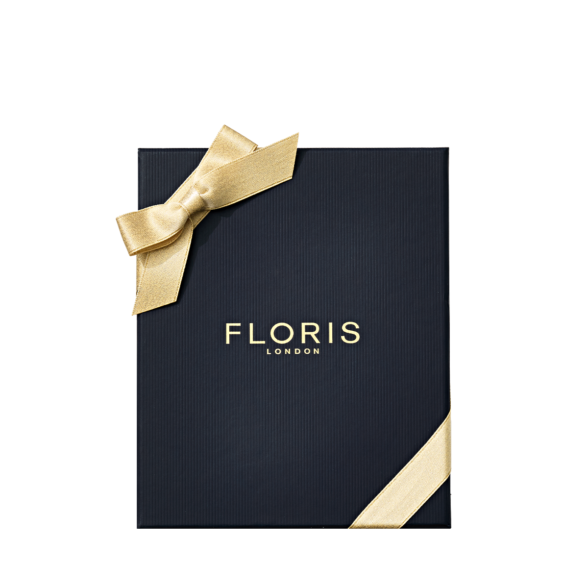 A black Floris London UK gift box with gold ribbon, ideal for presenting the Cefiro Hero or Cefiro Duo, displayed on a white background.