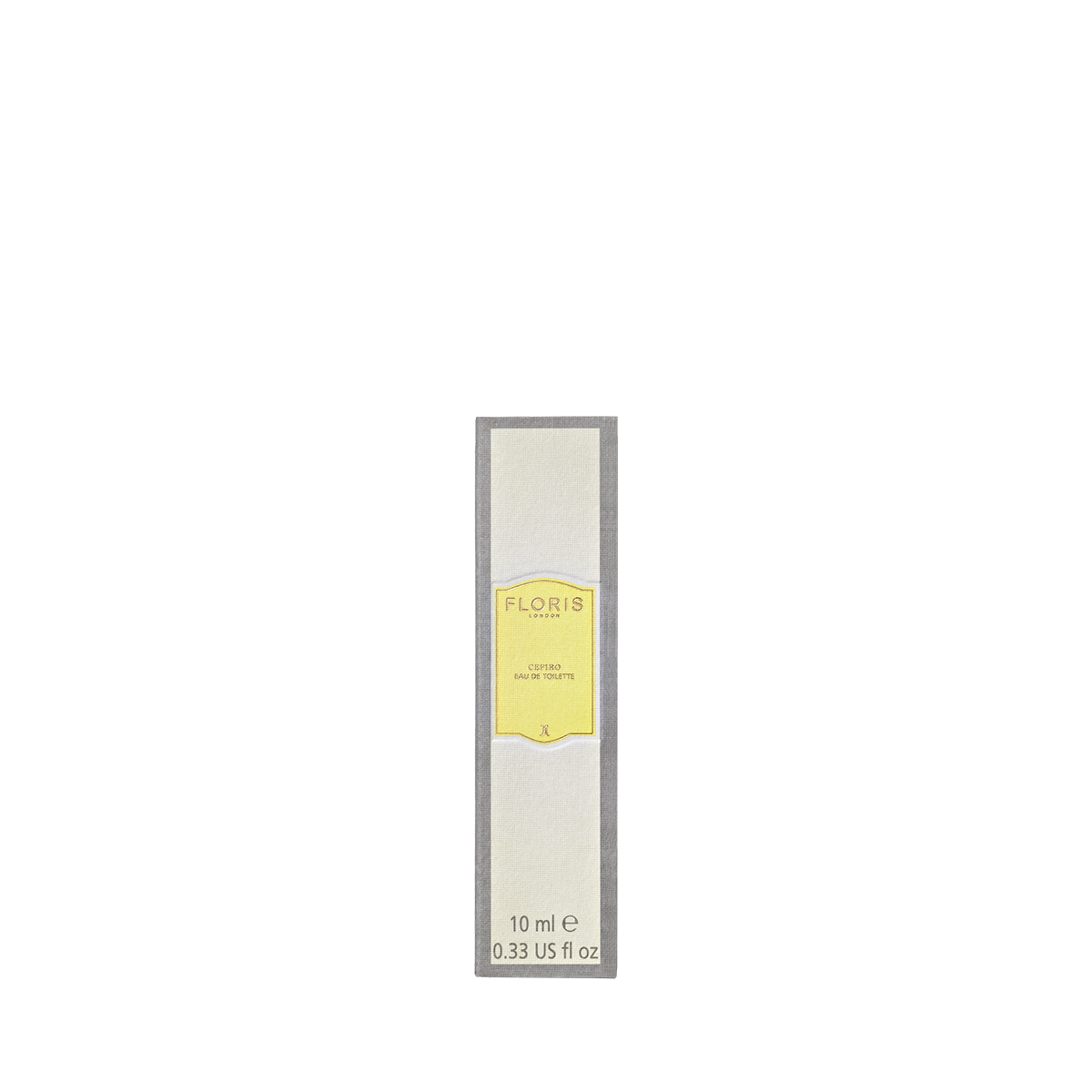 A cream and gray box for Floris London's Cefiro Eau de Toilette, featuring a yellow label, encases a 10 ml unisex fragrance with citrus notes.