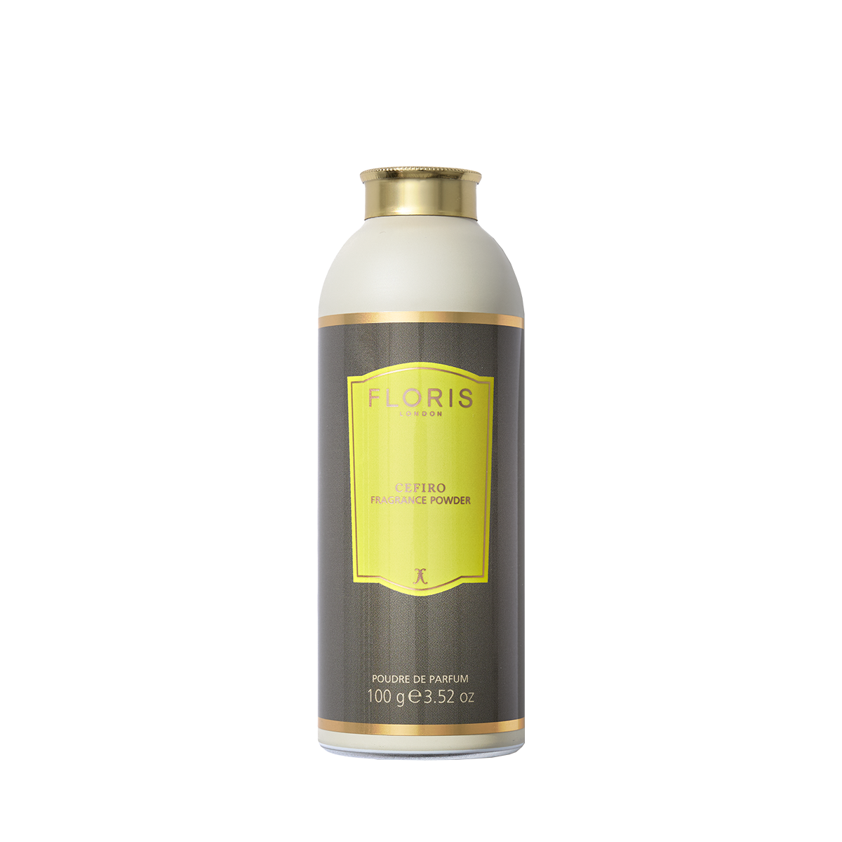 A bottle of Floris London's Cefiro Fragrance Powder with a yellow and brown label offers a refreshing citrus floral scent.