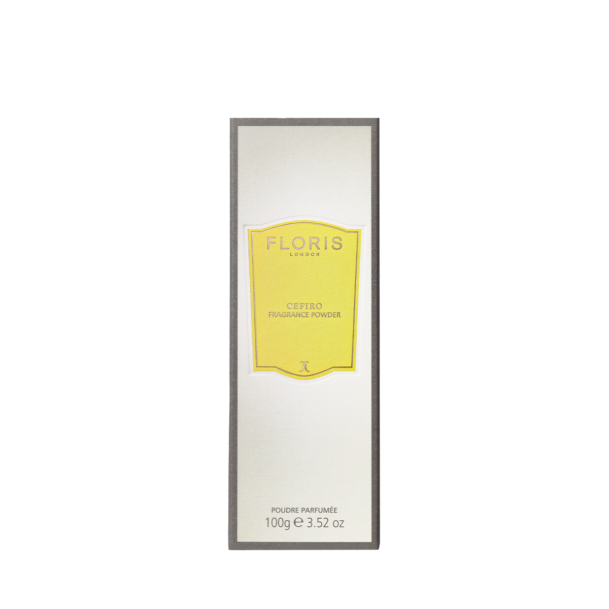 Yellow packaging of Floris London's Cefiro Fragrance Powder, featuring a citrus floral scent, shown on a white background.