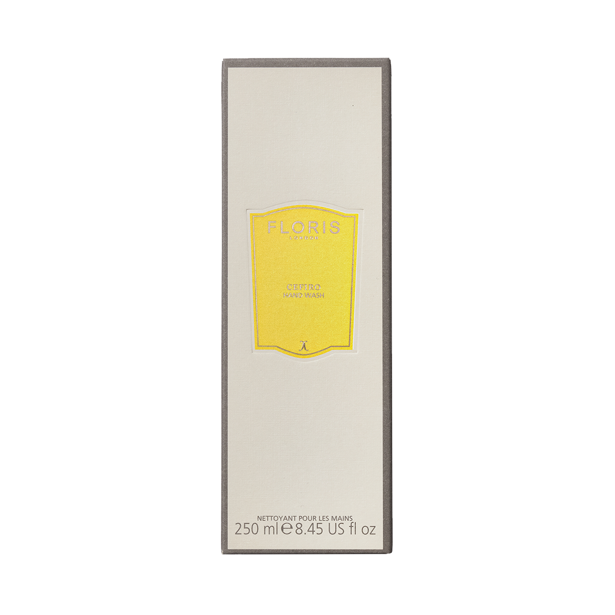 Floris London's Cefiro Hand Wash 250ml, in a cream rectangular bottle with a yellow label, offers a refreshing citrus floral scent against a white background.
