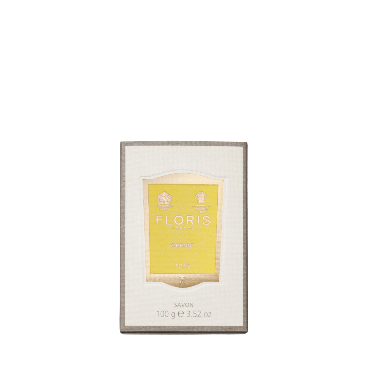 A 100g (3.52 oz) bar of Floris London's Cefiro Soap is enriched with shea butter for a creamy lather, housed in beige packaging.