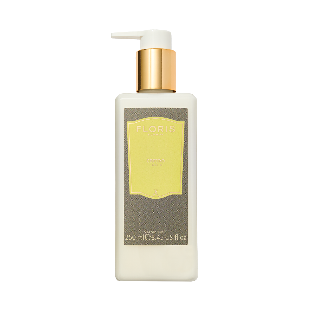 Floris London Cefiro Shampoo, 250ml with pump, features a yellow label and Pro-Vitamin B5 for thicker hair.