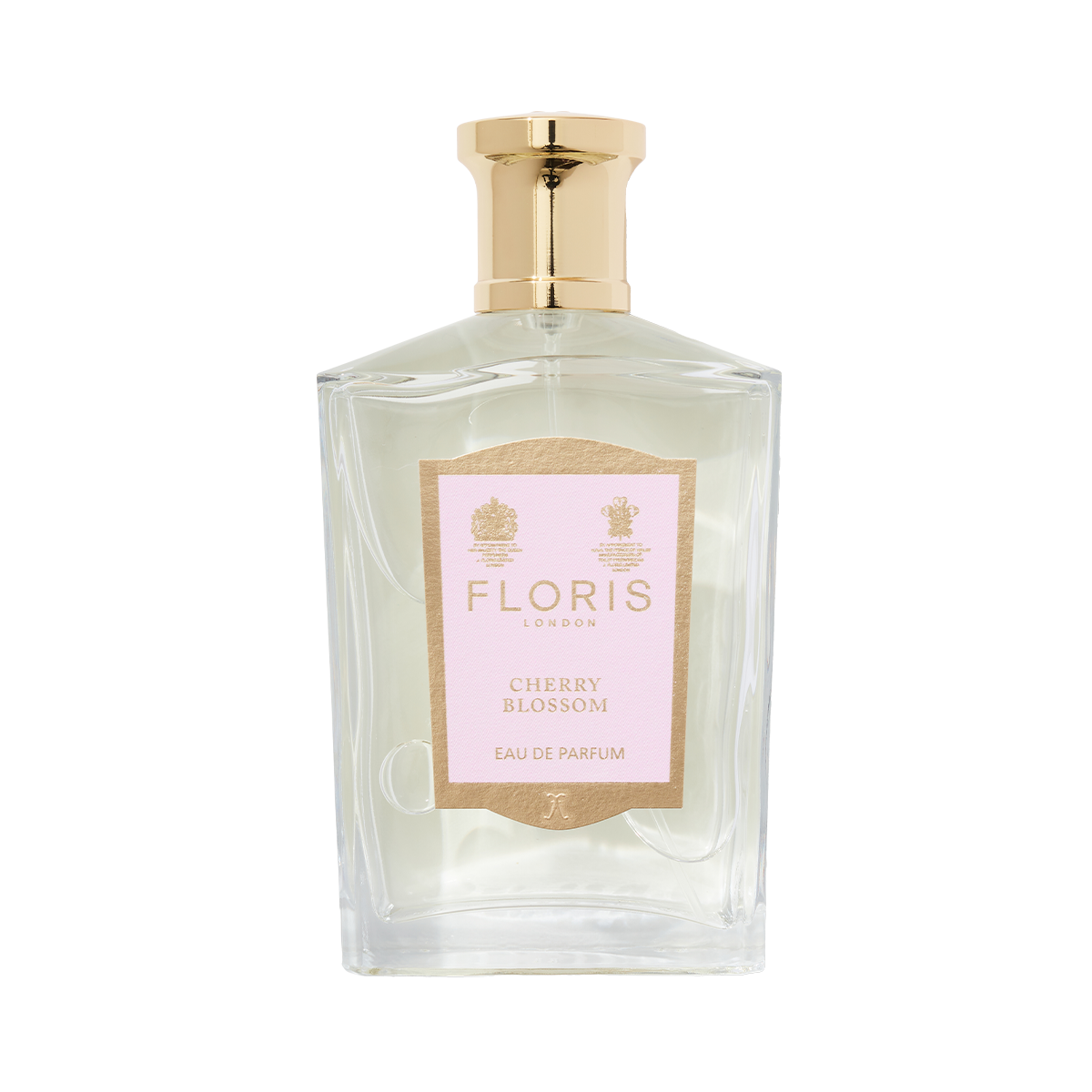 Floris London's Cherry Blossom Eau de Parfum, in a clear glass bottle with a gold cap and pink label, exudes luxury and elegance.
