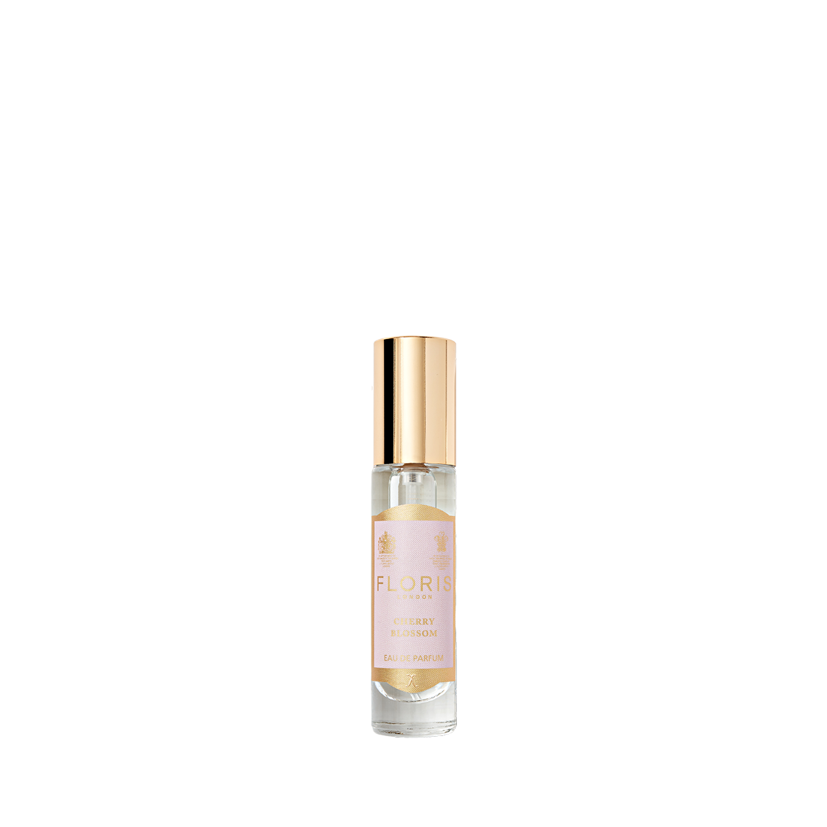 Clear perfume bottle labeled "Cherry Blossom - Eau de Parfum" by Floris London, featuring a gold cap, placed on a white background.