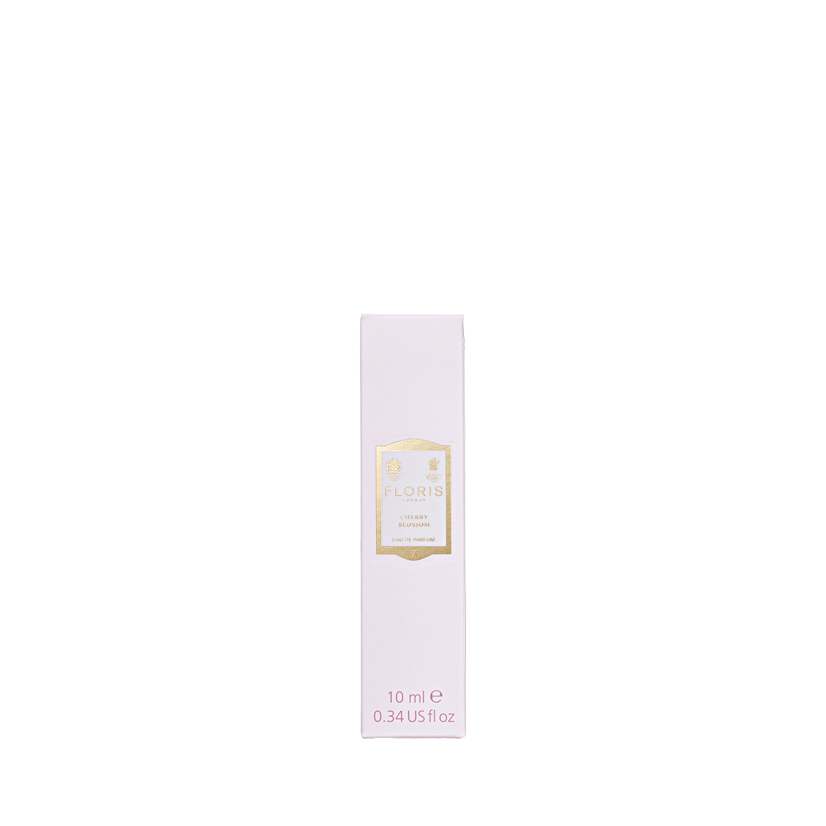 A pale pink Floris London Cherry Blossom Eau de Parfum, 10 ml, with a gold and white label, elegantly captures the essence of cherry blossom.