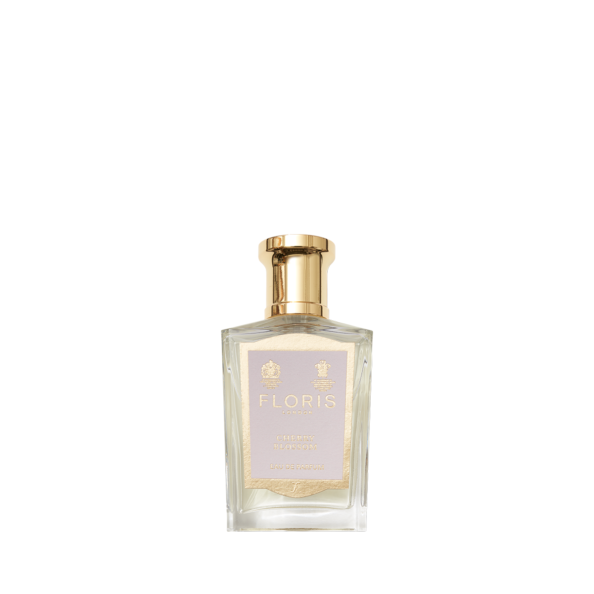 A transparent bottle with a gold cap, labeled "Floris London: Cherry Blossom," contains the luxurious Cherry Blossom Eau de Parfum.
