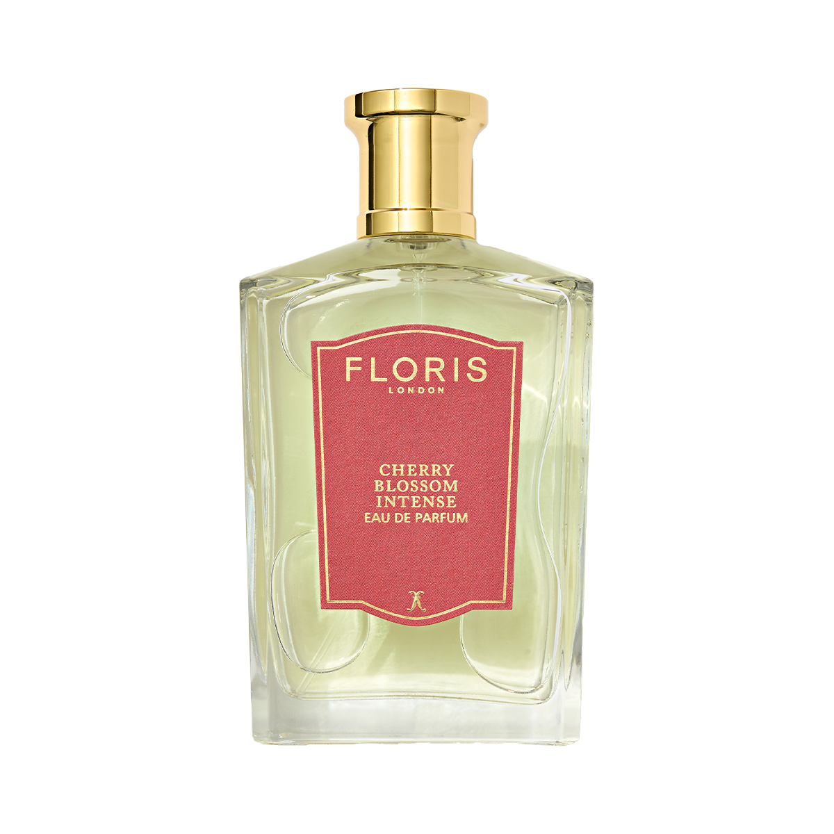 Gold-capped clear glass bottle with red Floris London label for Cherry Blossom Intense Eau de Parfum.