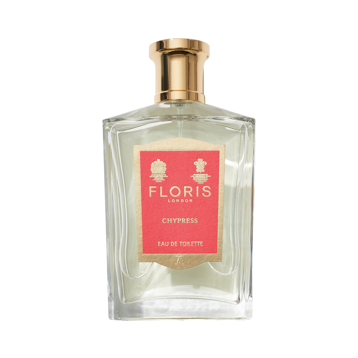 Perfume bottle with a gold cap, red label from Floris London featuring "Chypress - Eau de Toilette," infused with bergamot zest.