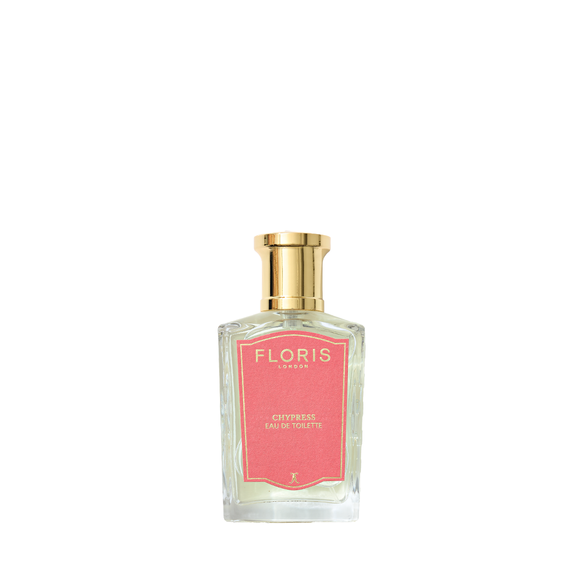 A bottle of Floris London's Chypress - Eau de Toilette with a pink label and gold cap, featuring floral chypre notes.