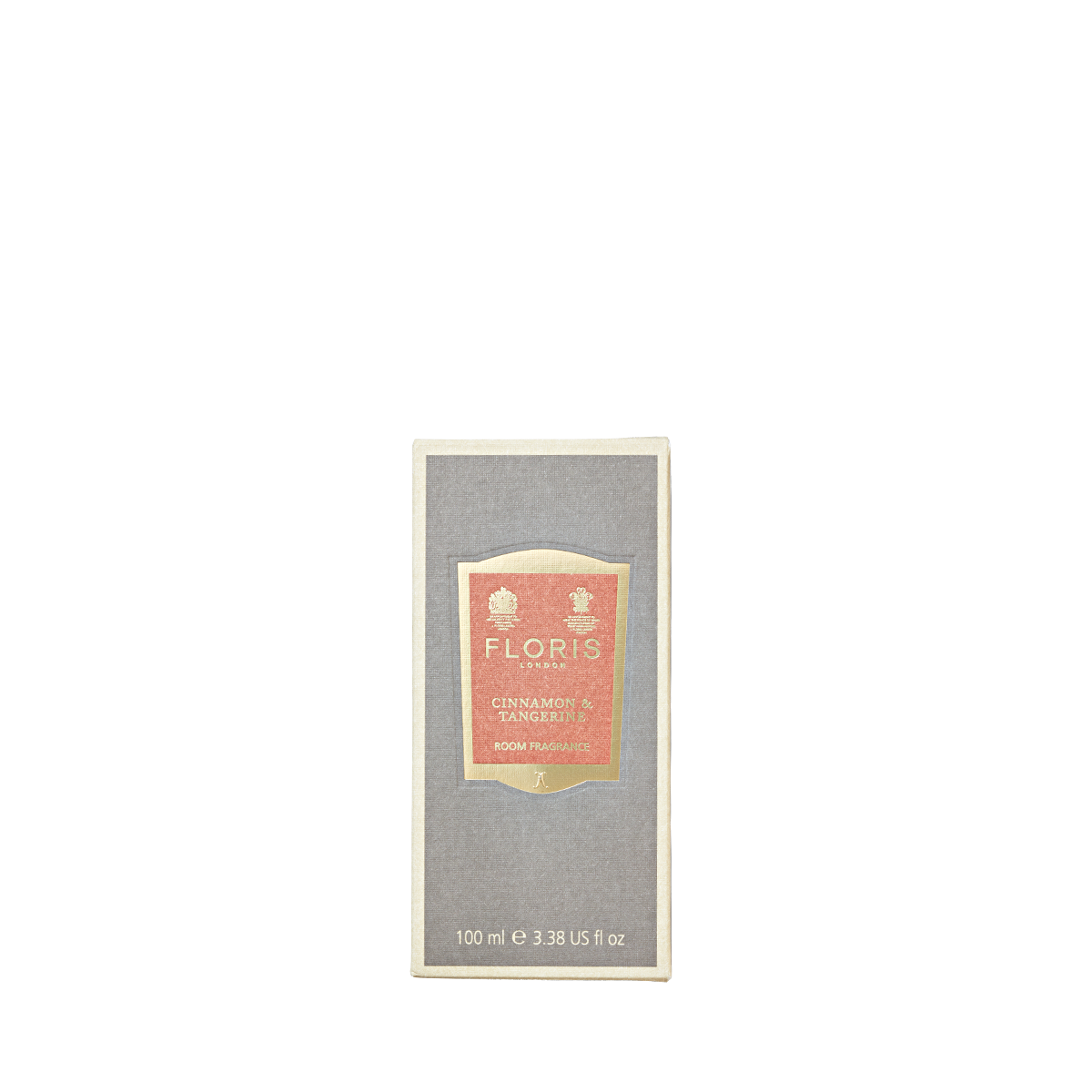 Gray box labeled "Cinnamon & Tangerine - Room Fragrance," 100 ml, by Floris London, with a rich spice blend of amber sandalwood and bright citrus notes.