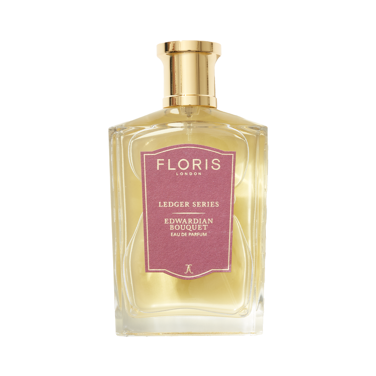 Edwardian Bouquet by Floris London UK: Clear glass bottle with pink label, gold cap, and bergamot notes.