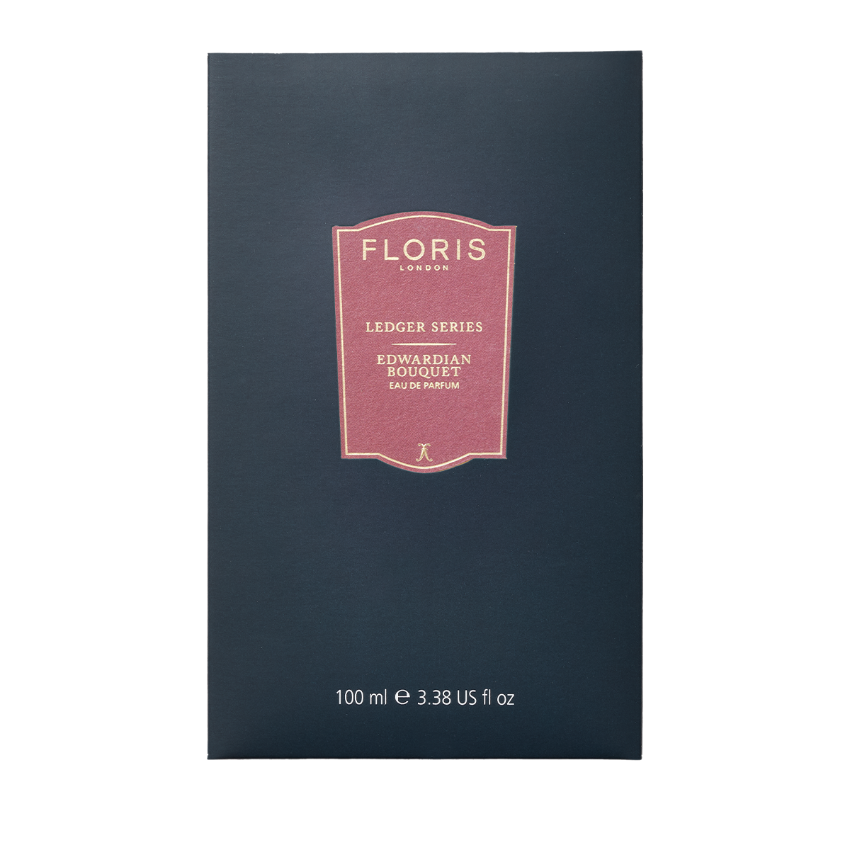 Dark blue box with red label: "Floris London UK Edwardian Bouquet Eau de Parfum, 100 ml," featuring hints of jasmine.