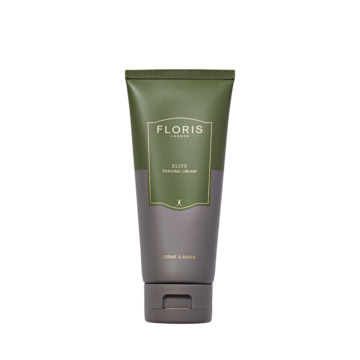 Green and gray tube of Floris London UK Elite Shaving Cream, designed for luxury grooming, shown upright against a white background.