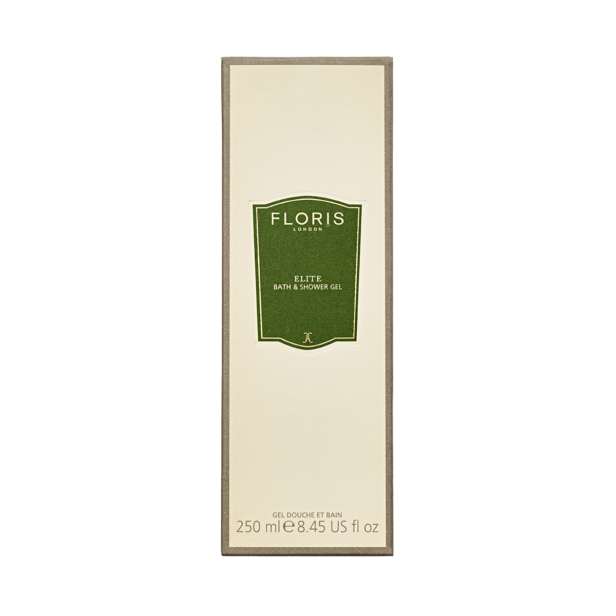Floris London's Elite Bath & Shower Gel, 250ml, has woody green notes in a rectangular bottle with a refreshing green label.
