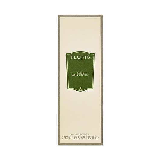 Floris London's Elite Bath & Shower Gel, 250ml, has woody green notes in a rectangular bottle with a refreshing green label.
