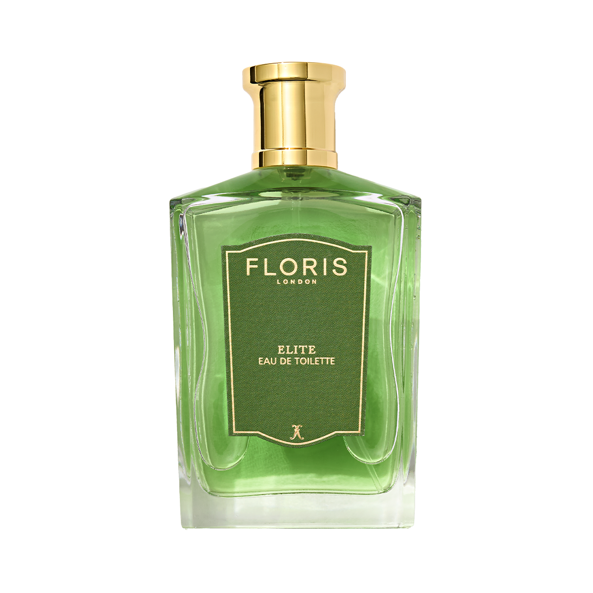 Floris London's Elite Eau de Toilette features a gold cap, green liquid, and rich woody notes for a distinguished fragrance experience.