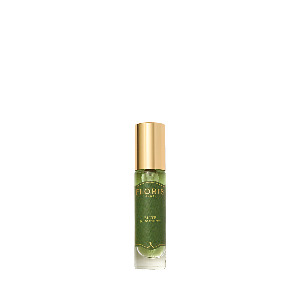 Green and gold perfume bottle labeled "Elite - Eau de Toilette" by Floris London, on a white background, features a vegan fragrance with subtle woody notes.