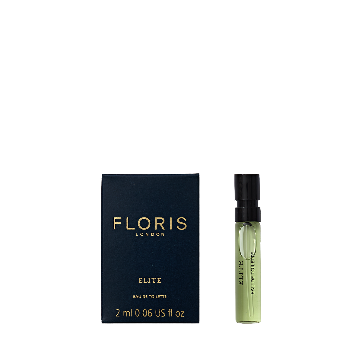 Small blue box and green vial labeled "Floris London Elite - Eau de Toilette 2 ml," offering a captivating woody fragrance.
