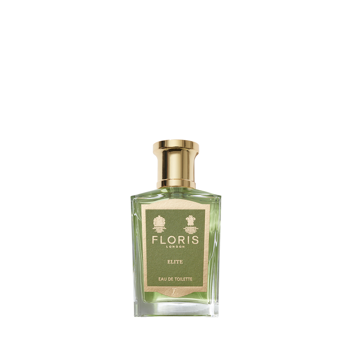The green bottle with a gold cap, labeled "Floris London Elite - Eau de Toilette," offers a captivating fragrance with subtle woody notes.