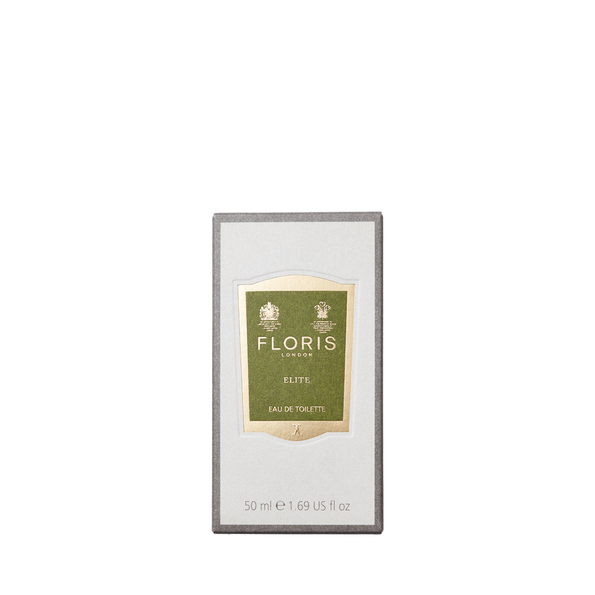 Floris London's Elite Eau de Toilette, 50 ml with woody notes, comes in elegant packaging featuring a gold and green label.