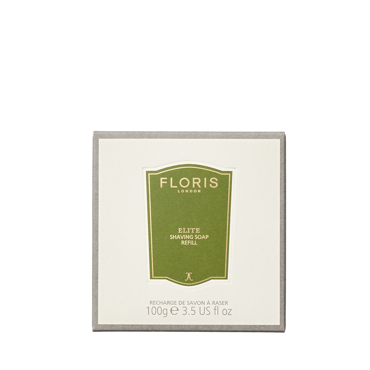 Floris London Elite - Shaving Bowl Refill 100g comes in a square white and gray box, featuring woody notes for a refined grooming experience.