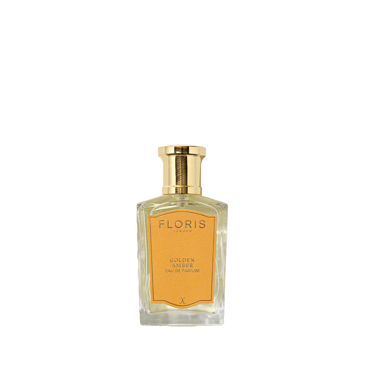 A "Golden Amber" Eau de Parfum by Floris London with a gold cap, set against a white background.