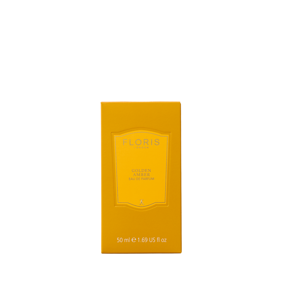 Yellow box of "Golden Amber - Eau de Parfum, 50 ml" by Floris London, featuring an embossed logo and vegan-friendly text.