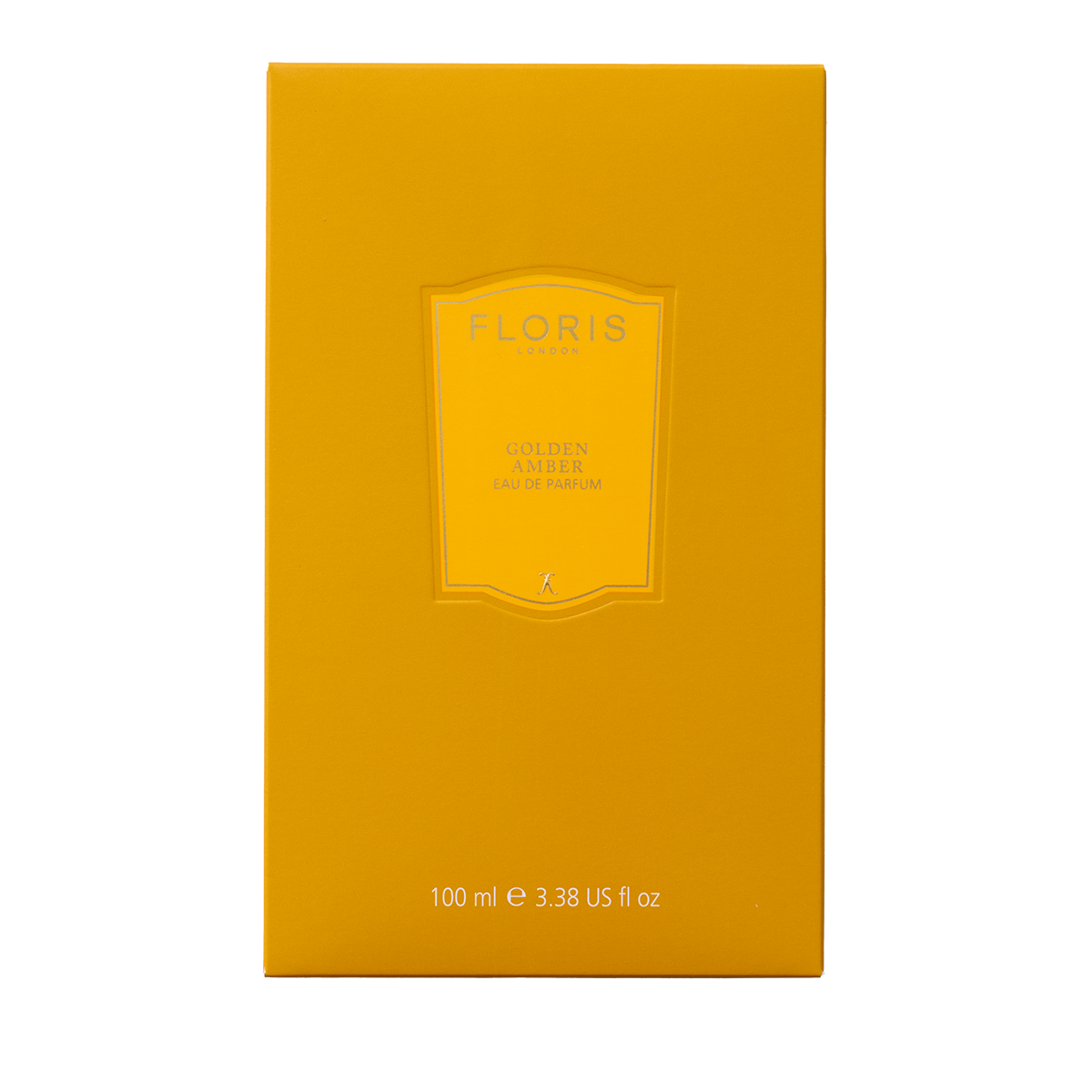 Golden Amber Eau de Parfum by Floris London, 100 ml, in a box with embossed logo and text; a vegan fragrance delight.