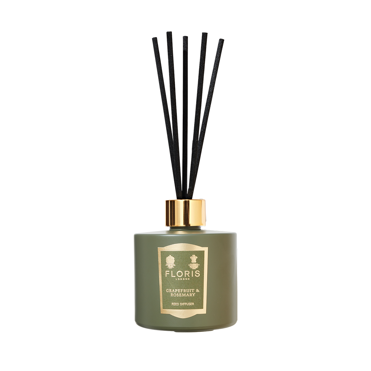 Grapefruit & Rosemary diffuser by Floris London with black reeds, gold label, and notes of sandalwood.