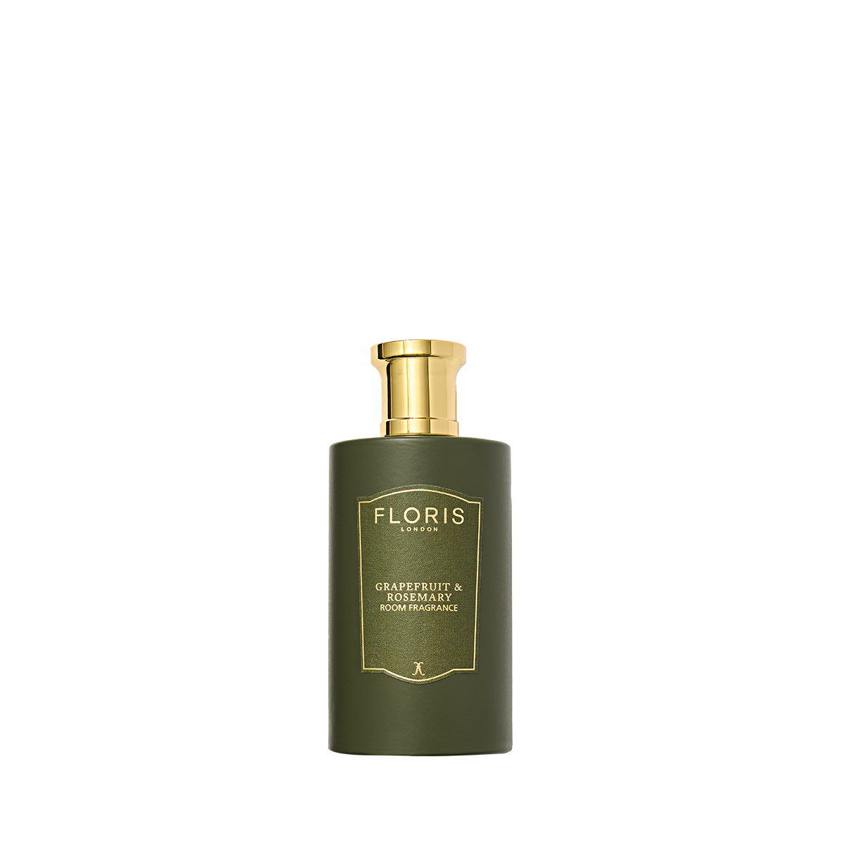 Floris London's Grapefruit & Rosemary room fragrance boasts a green bottle, grapefruit and sandalwood scent, and a gold pump top.