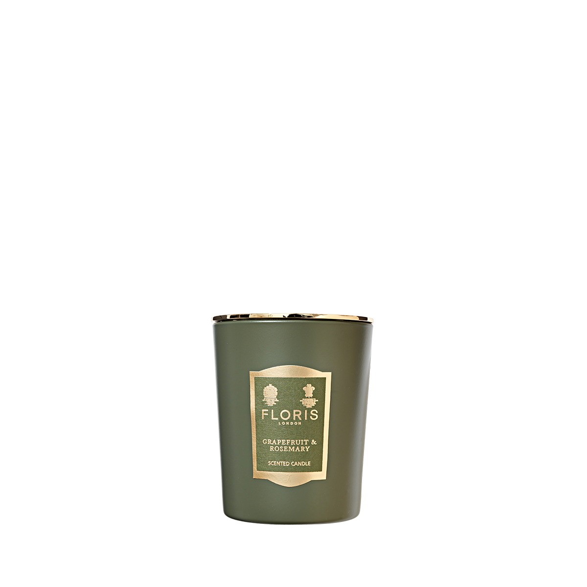 Floris London's "Grapefruit & Rosemary" candle, featuring pure fragrance oils, comes in white with a gold rim for a delightful aroma.