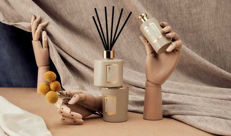 Floris London Oud & Cashmere collection showing Reed Diffuser, Room Fragrance and Candle