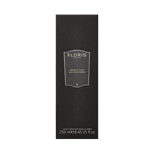 Floris London UK Honey Oud Body Moisturiser, 250ml—black box with gold and white text; a luxury moisturiser infused with oud oil.