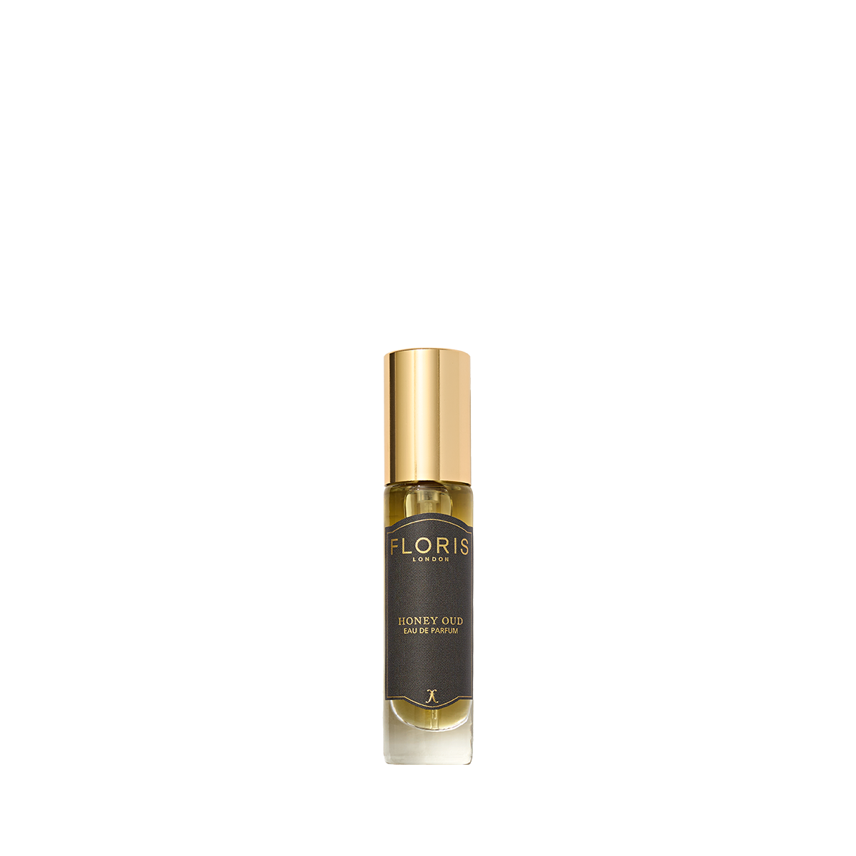 A bottle of Floris London's Honey Oud Eau de Parfum features a gold cap, dark label, and is enriched with notes of English honey and oud oil.