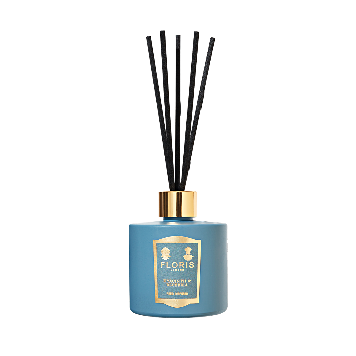 Floris London's Hyacinth & Bluebell - Reed Diffuser (200ml) features a sleek glass vessel with black reeds, filling the air with a green floral fragrance.