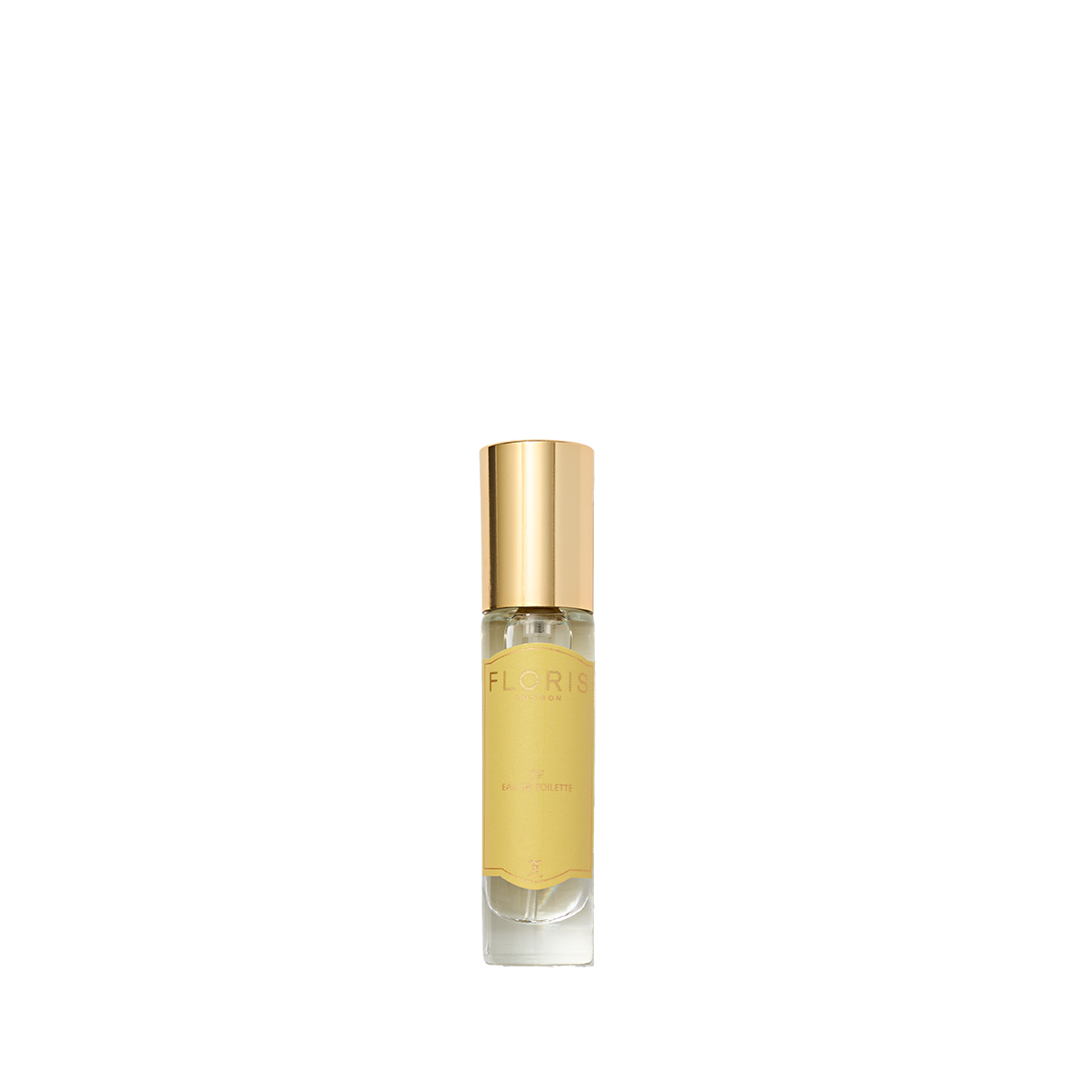 JF - Eau de Toilette by Floris London, with a gold cap and yellow label, offers a citrus-woody scent for men, set against a pristine white background.