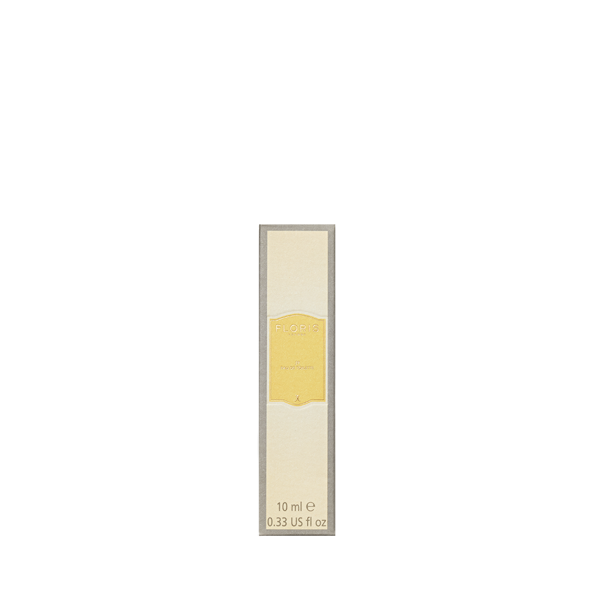 A 10 ml box of Floris London’s JF Eau de Toilette features a minimalist design, with citrus and woody notes, plus elegant gold accents.