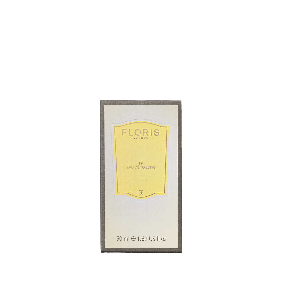 Yellow box labeled "JF - Eau de Toilette" by Floris London, 50 ml, offering a men's citrus and woody fragrance.