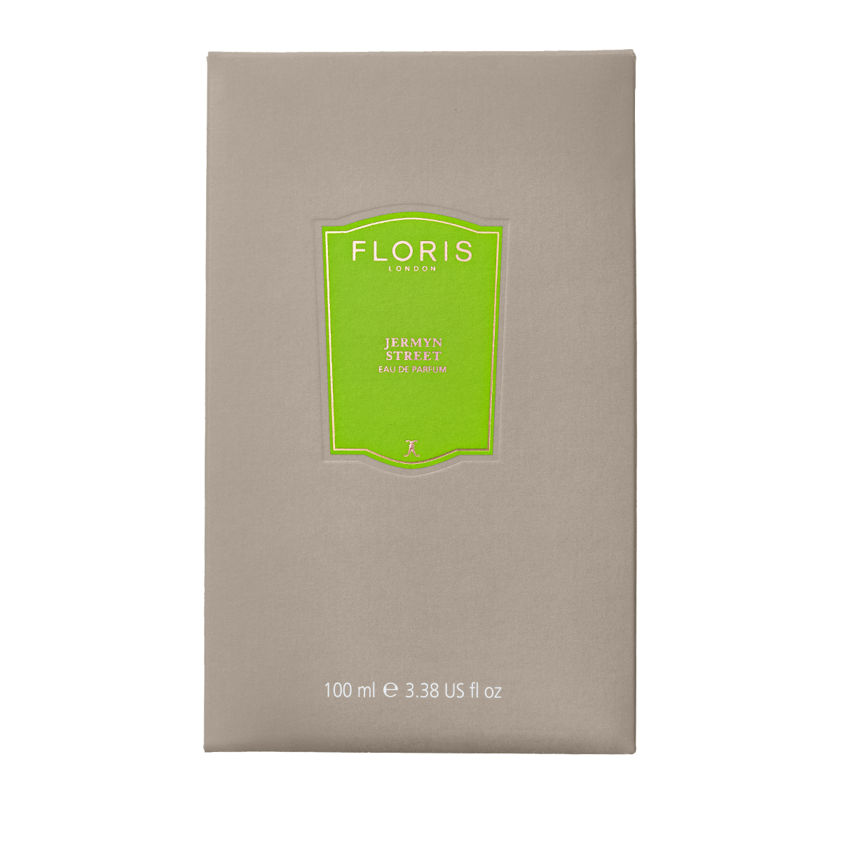 Beige Floris London box with bright green label for Jermyn Street Eau de Parfum, 100 ml, featuring the crisp scent of gin.