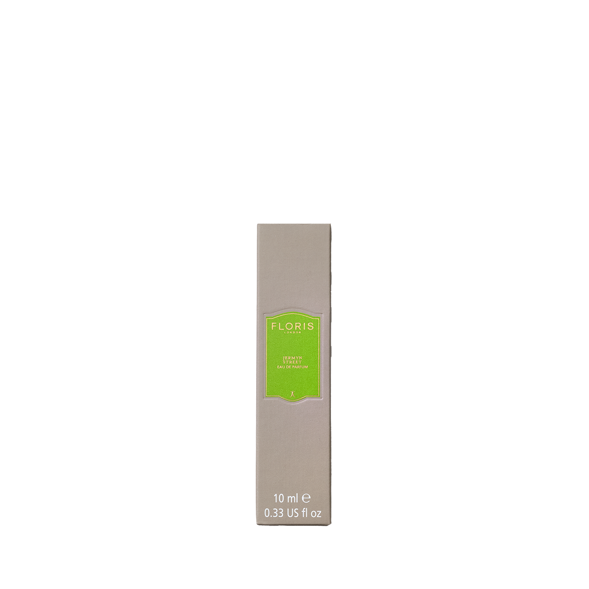 Tan box with a green label contains a 10 ml bottle of Floris London's Jermyn Street Eau de Parfum, enriched with vetiver.