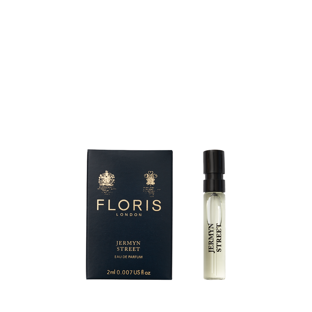 A 2ml vial of Floris London's Jermyn Street Eau de Parfum is elegantly displayed next to its sleek black and gold box.